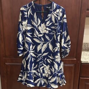 Elegant Blue and White Rayon Dress with Pockets